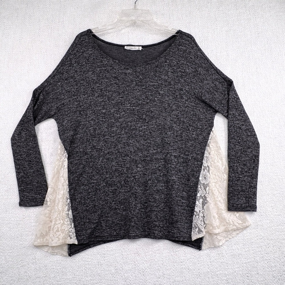 Abercrombie & Fitch Womens Medium Gray Marl Lace Side Long Sleeve Scoop Neck Top